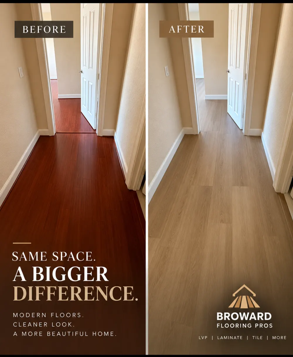 Side-by-side comparison of a hallway before and after new flooring